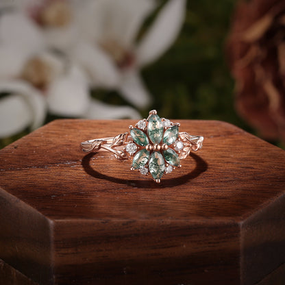 Nature Inspired Marquise Shaped Moss Agate with Moissanite Leafy & Floral Ring
