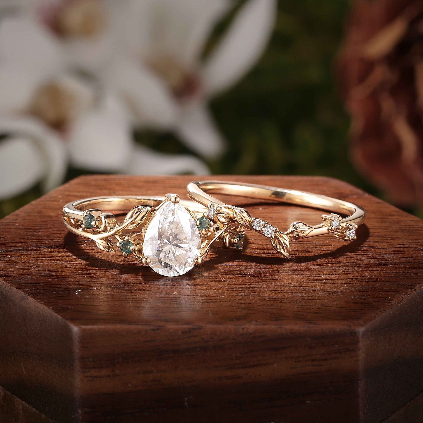Unique Pear Cut Moissanite Leafy Gemstone Ring 2pcs