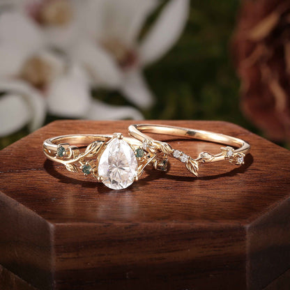 Unique Pear Cut Moissanite Leafy Gemstone Ring 2pcs