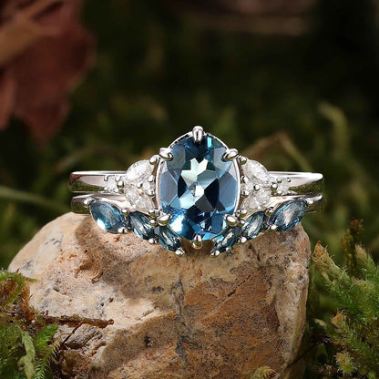 Cluster Oval London Blue Topaz Gemstone Ring Set 2pcs