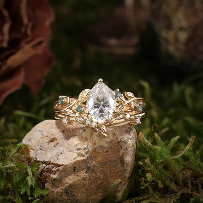 Unique Pear Cut Moissanite Leafy Gemstone Ring 2pcs