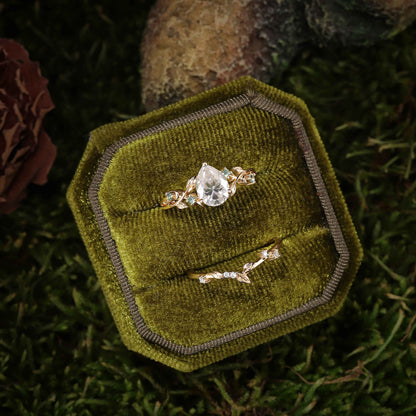 Unique Pear Cut Moissanite Leafy Gemstone Ring 2pcs