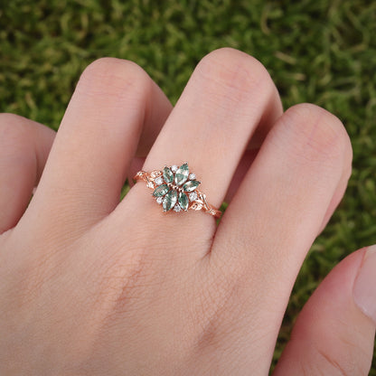 Nature Inspired Marquise Shaped Moss Agate with Moissanite Leafy & Floral Ring