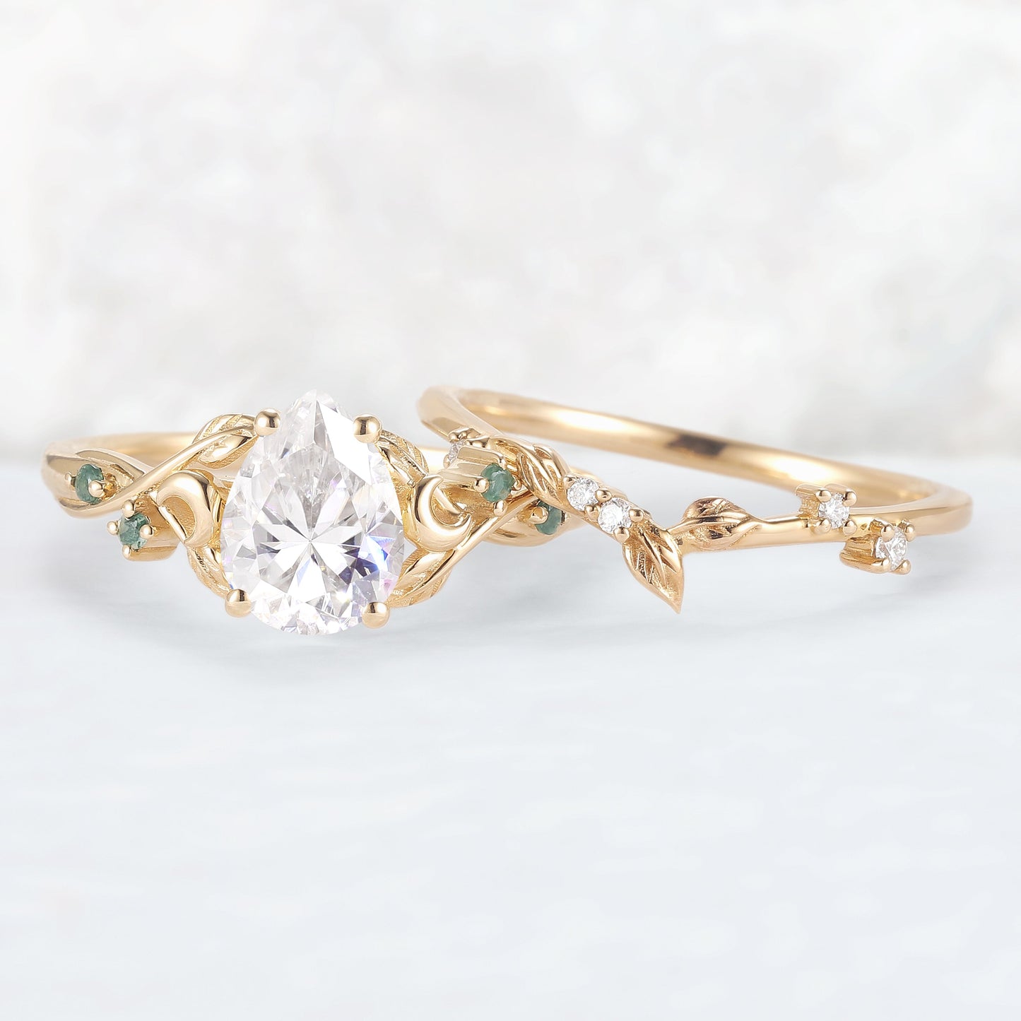 Nature Inspired Pear Cut Moissanite Moon Gemstone Ring Set 2pcs