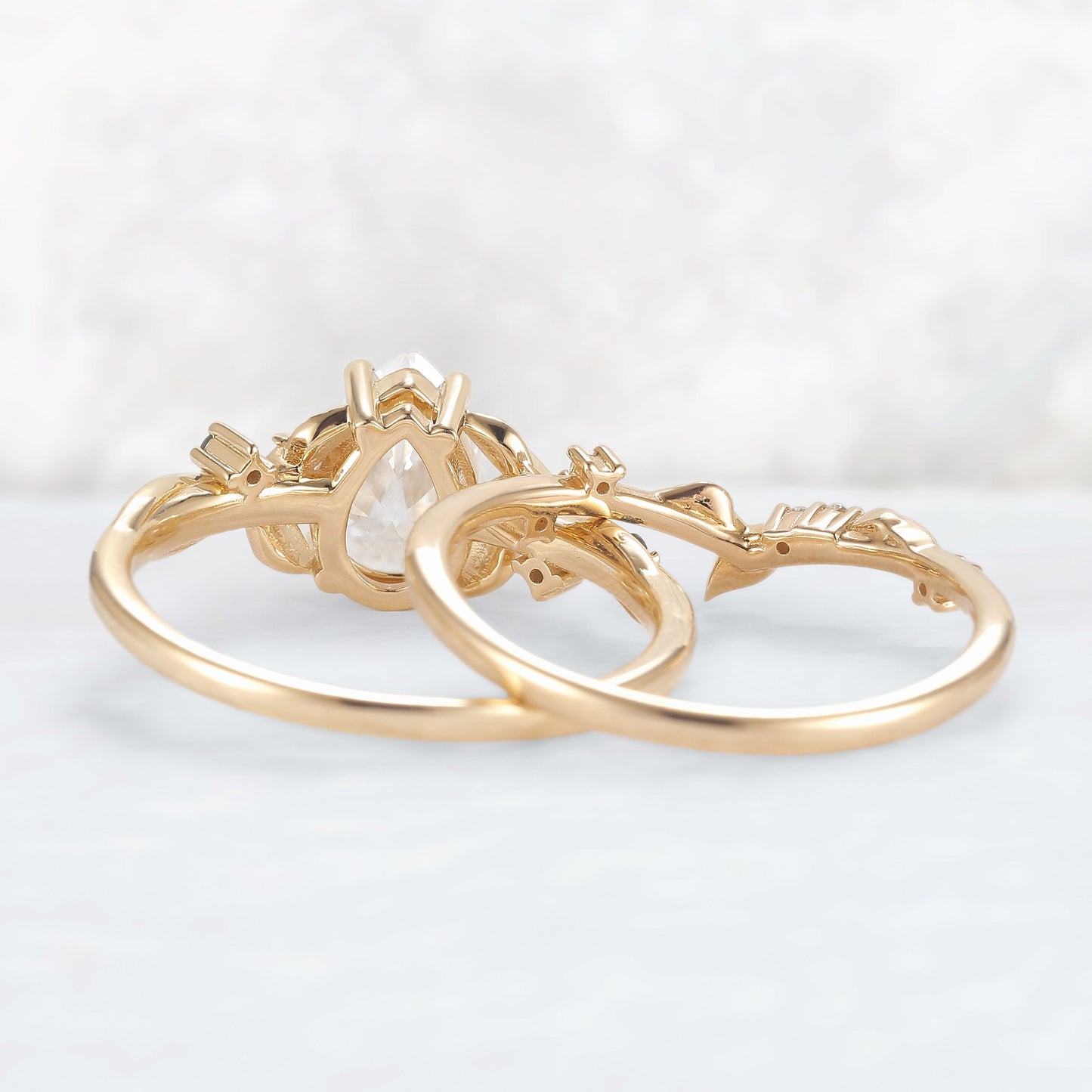 Nature Inspired Pear Cut Moissanite Moon Gemstone Ring Set 2pcs