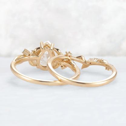 Nature Inspired Pear Cut Moissanite Moon Gemstone Ring Set 2pcs
