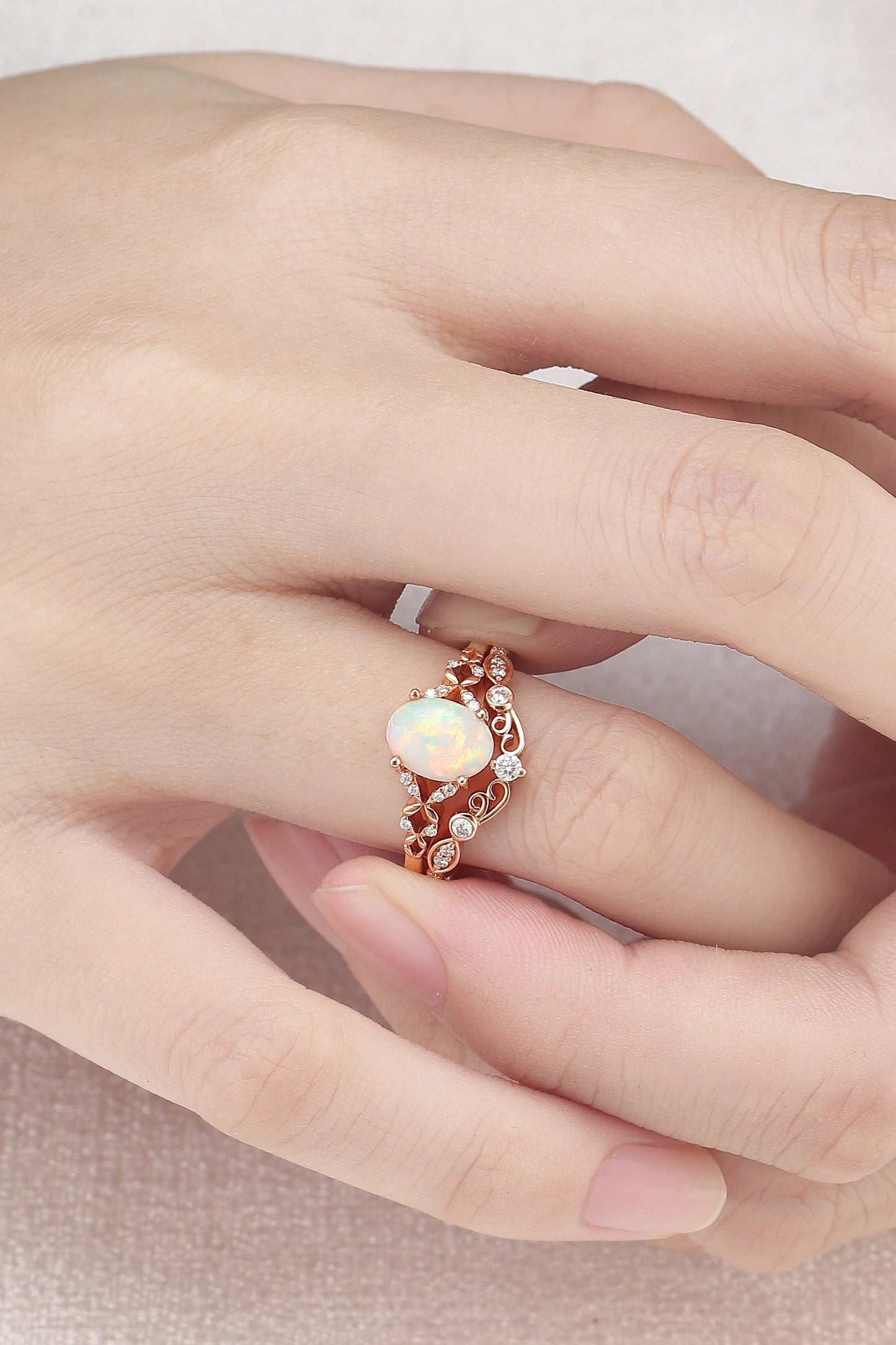 Nature Inspired Oval Natural Opal Ring Set 2pcs