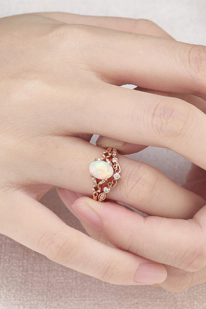 Nature Inspired Oval Natural Opal Ring Set 2pcs