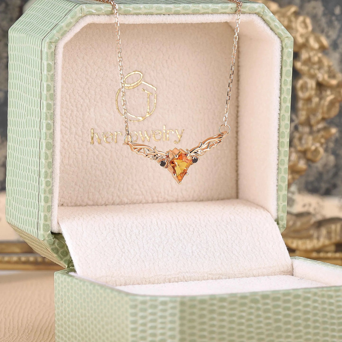 Kite Shaped Lab Orange Sapphire Rose Gold Necklace Halloween Jewelry