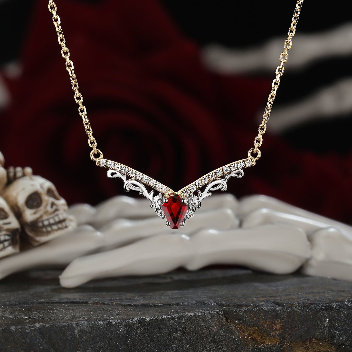 Nature Inspired Coffin Cut Garnet Necklace Halloween Jewelry
