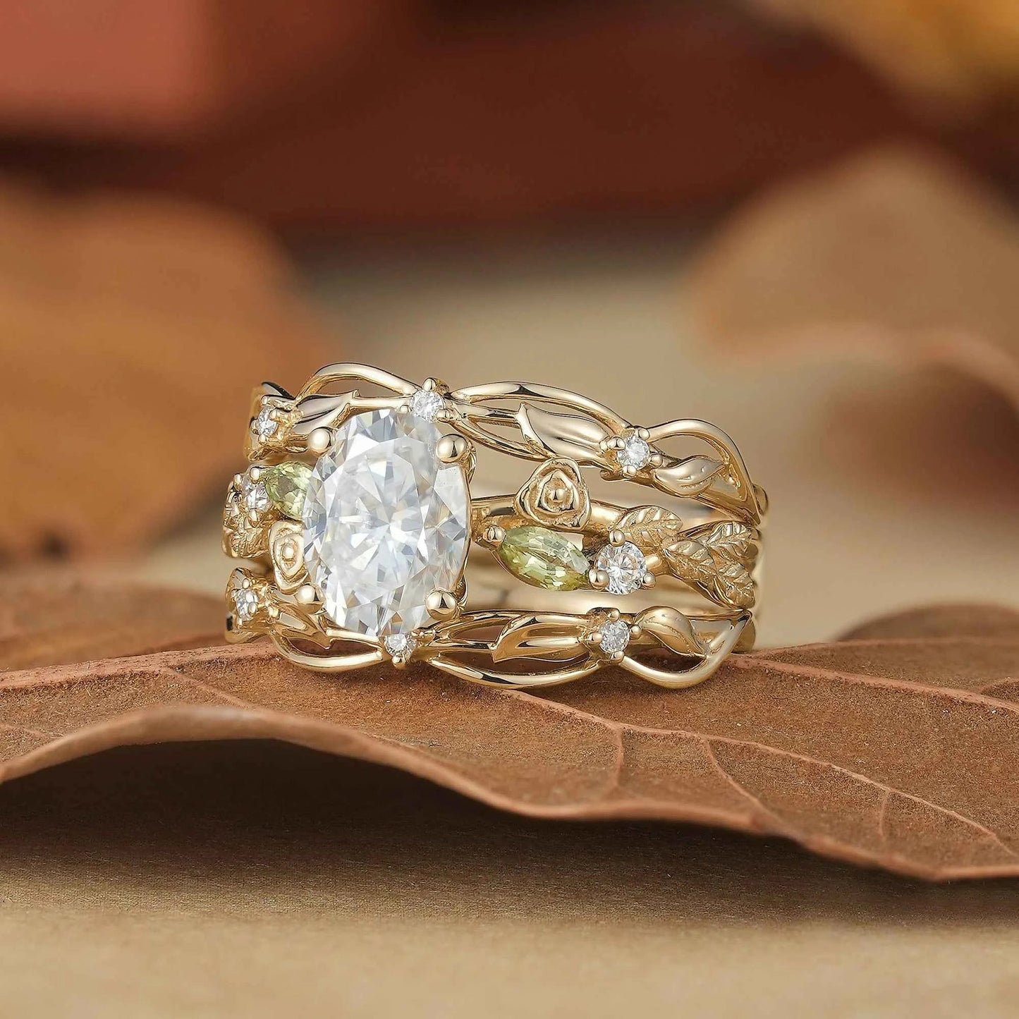 Floral Design Moissanite & Peridot Ring Set-Alba