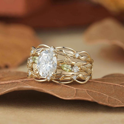 Floral Design Moissanite & Peridot Ring Set-Alba