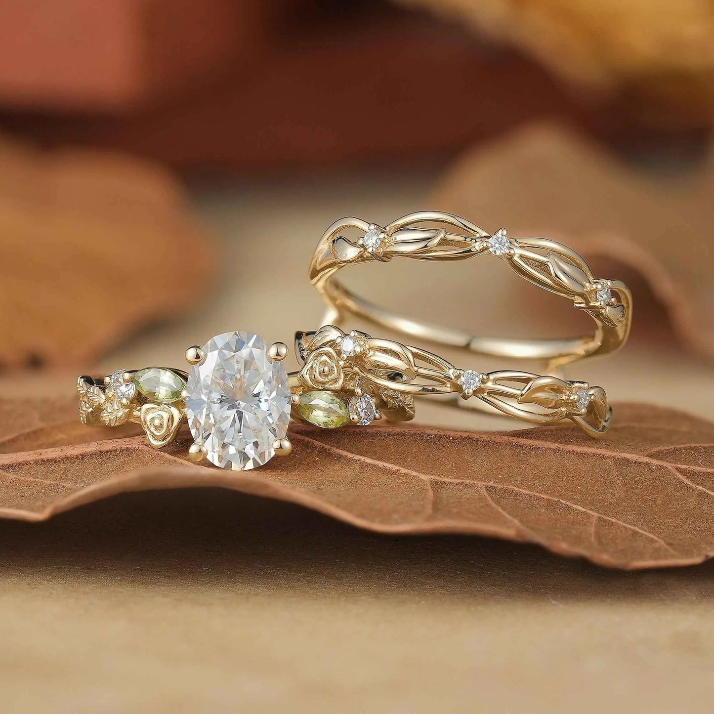 Floral Design Moissanite & Peridot Ring Set-Alba
