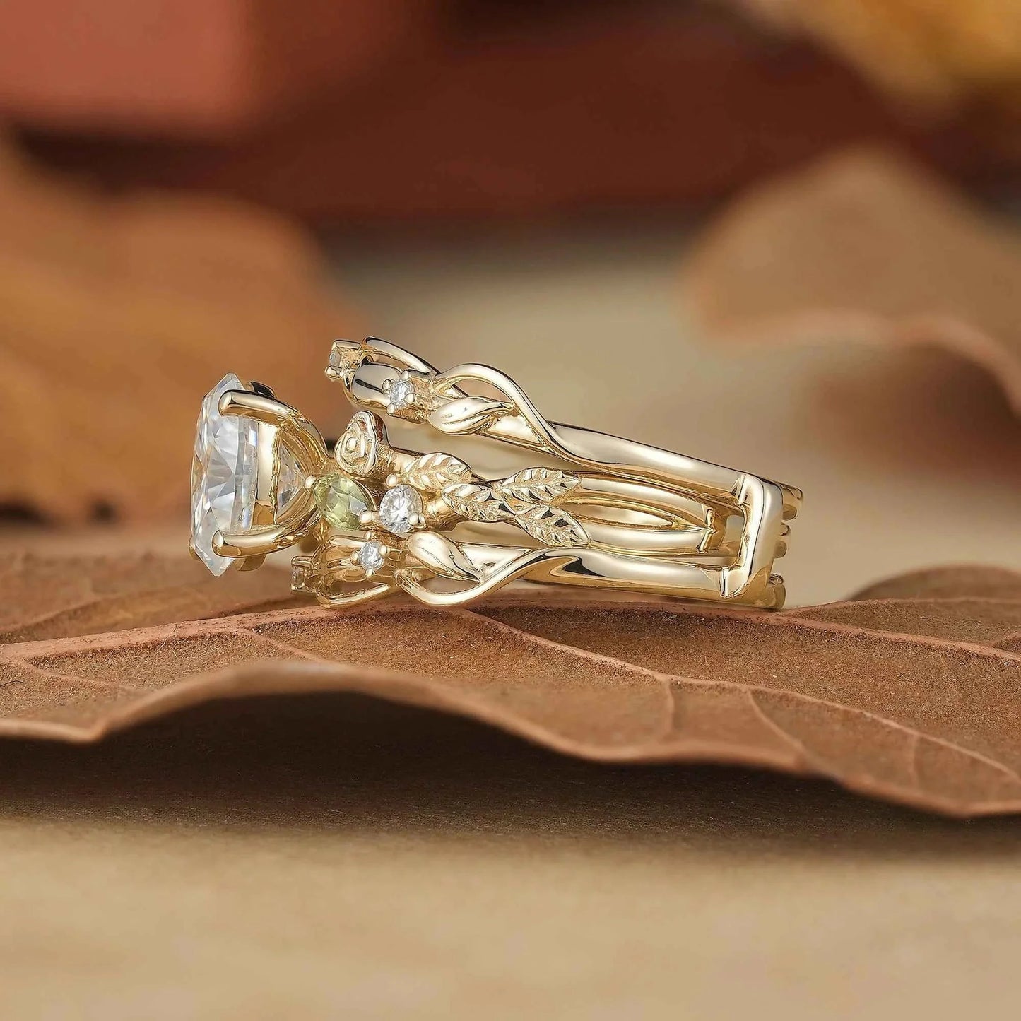Floral Design Moissanite & Peridot Ring Set-Alba