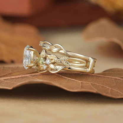 Floral Design Moissanite & Peridot Ring Set-Alba
