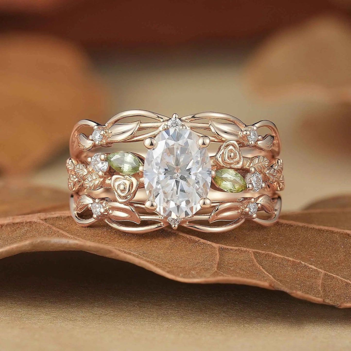 Floral Design Moissanite & Peridot Ring Set-Alba