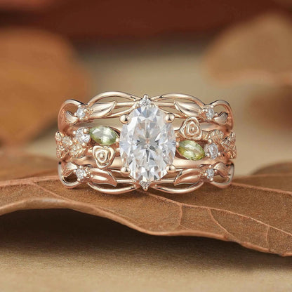 Floral Design Moissanite & Peridot Ring Set-Alba