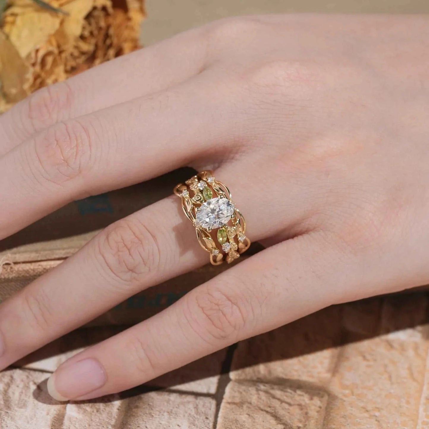 Floral Design Moissanite & Peridot Ring Set-Alba