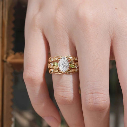 Floral Design Moissanite & Peridot Ring Set-Alba