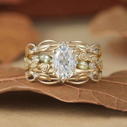 Floral Design Moissanite & Peridot Ring Set-Alba