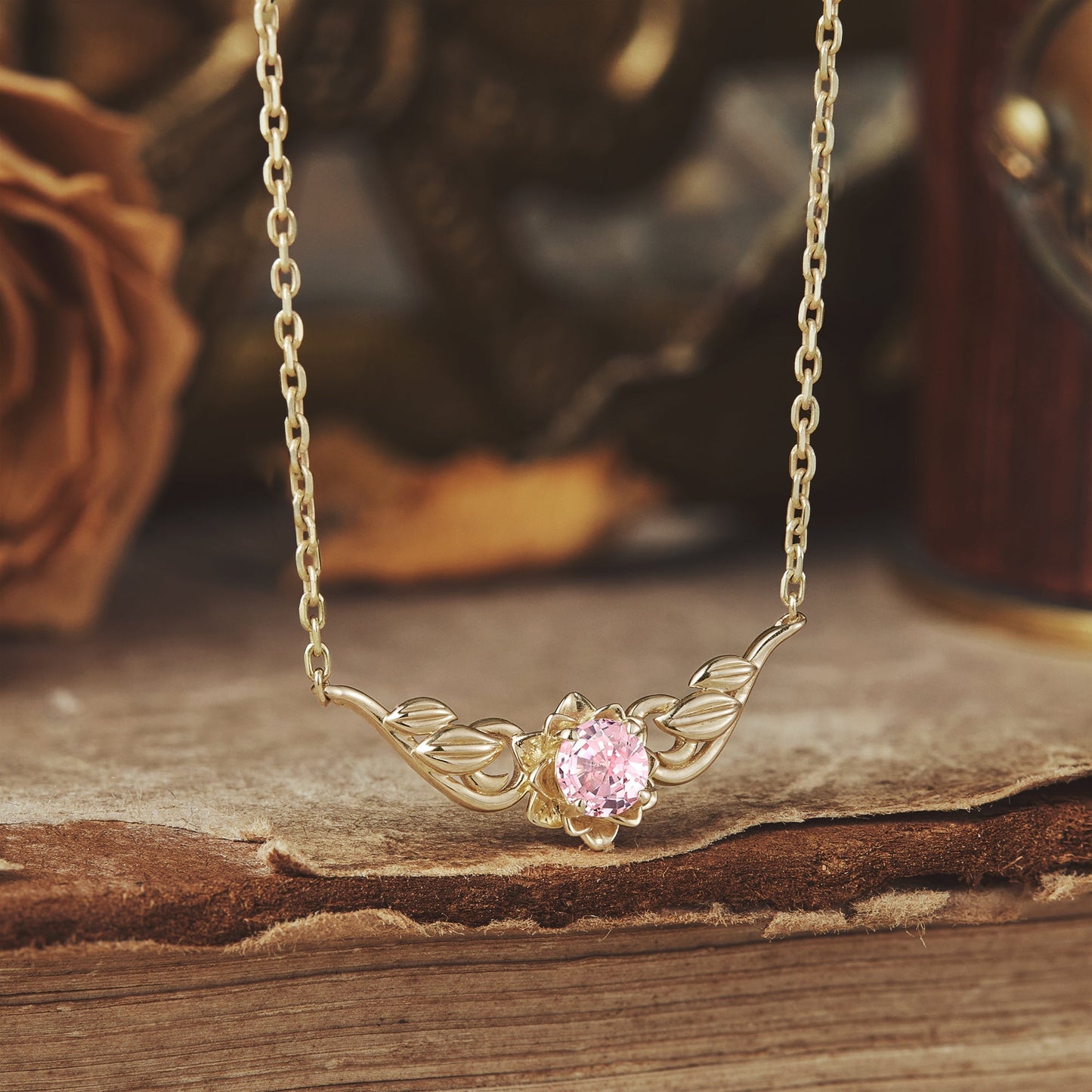 Golden Bloom: Pink Sapphire Floral Leaf Necklace - Ophelia