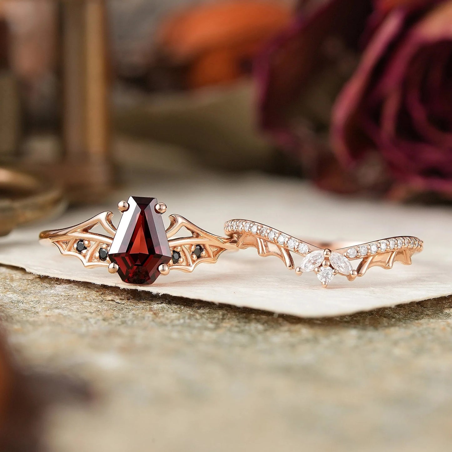 Gothic Coffin Cut Garnet And Black Onyx Bat Wing Inspired Bridal Ring Set - Morwenna