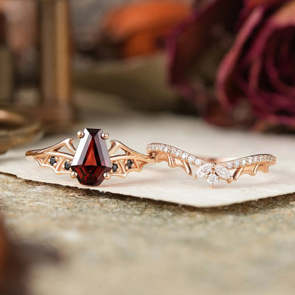 Gothic Coffin Cut Garnet And Black Onyx Bat Wing Inspired Bridal Ring Set - Morwenna