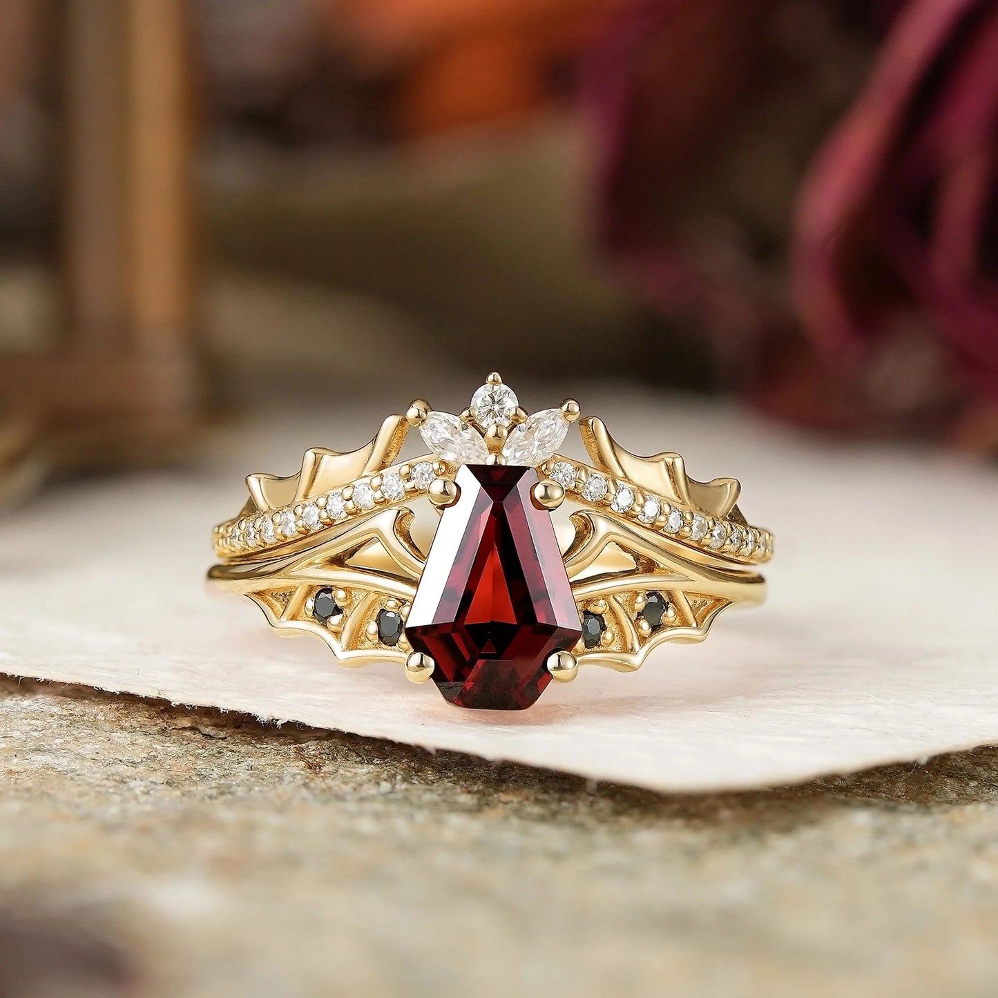 Gothic Coffin Cut Garnet And Black Onyx Bat Wing Inspired Bridal Ring Set - Morwenna