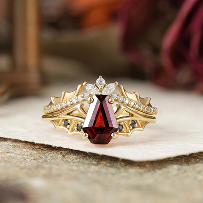Gothic Coffin Cut Garnet And Black Onyx Bat Wing Inspired Bridal Ring Set - Morwenna