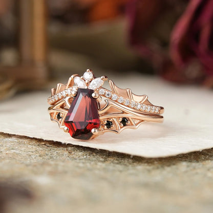 Gothic Coffin Cut Garnet And Black Onyx Bat Wing Inspired Bridal Ring Set - Morwenna