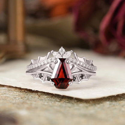 Gothic Coffin Cut Garnet And Black Onyx Bat Wing Inspired Bridal Ring Set - Morwenna
