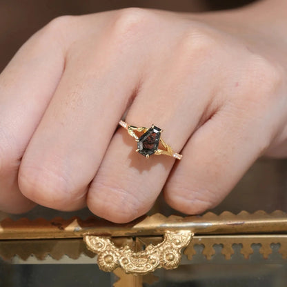 Gothic Leaf Ring: Coffin-Cut Black Rutilated Quartz-Thalassa