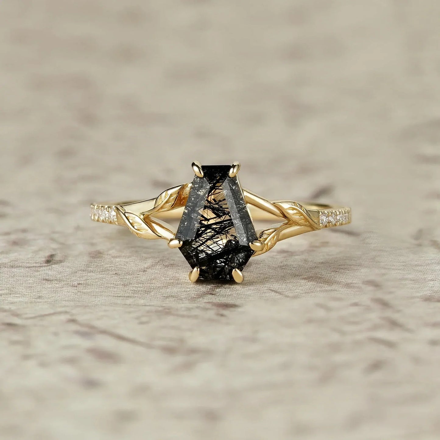 Gothic Leaf Ring: Coffin-Cut Black Rutilated Quartz-Thalassa