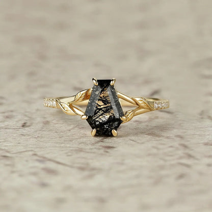 Gothic Leaf Ring: Coffin-Cut Black Rutilated Quartz-Thalassa