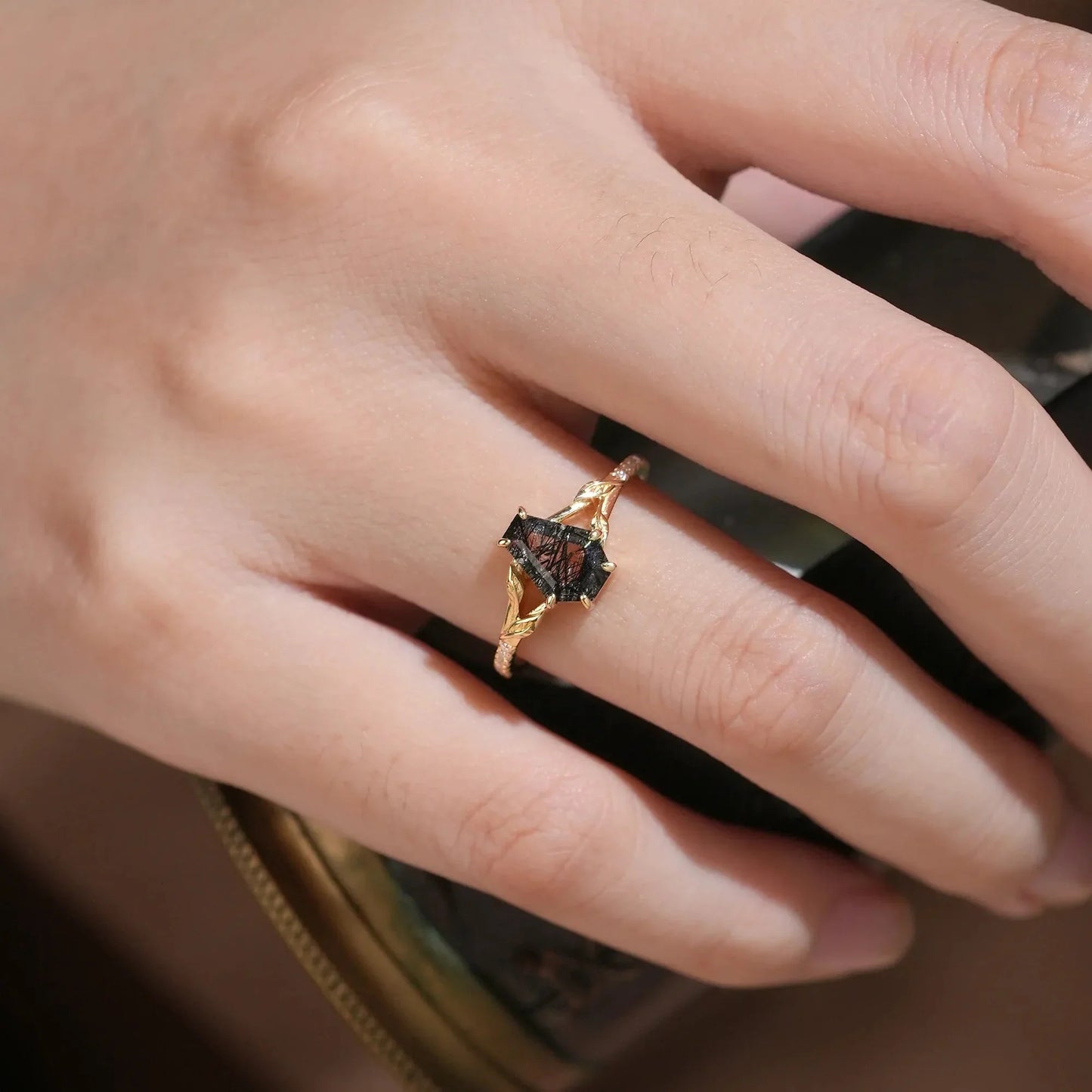 Gothic Leaf Ring: Coffin-Cut Black Rutilated Quartz-Thalassa