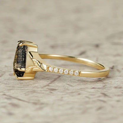 Gothic Leaf Ring: Coffin-Cut Black Rutilated Quartz-Thalassa