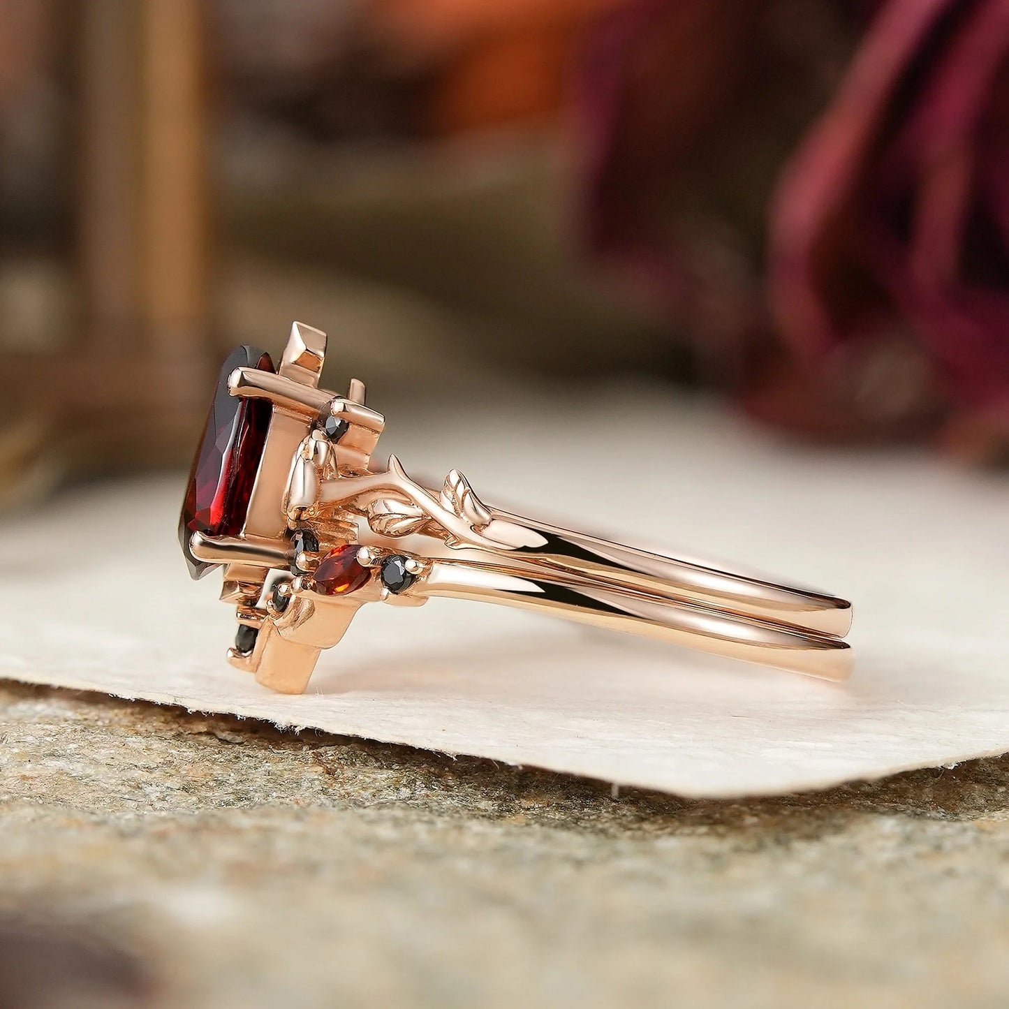 Gothic Pear Cut Garnet And Black Onyx Rose Inspired Bridal Ring Set - Flora
