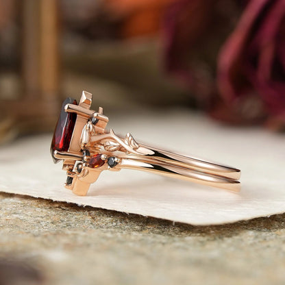 Gothic Pear Cut Garnet And Black Onyx Rose Inspired Bridal Ring Set - Flora