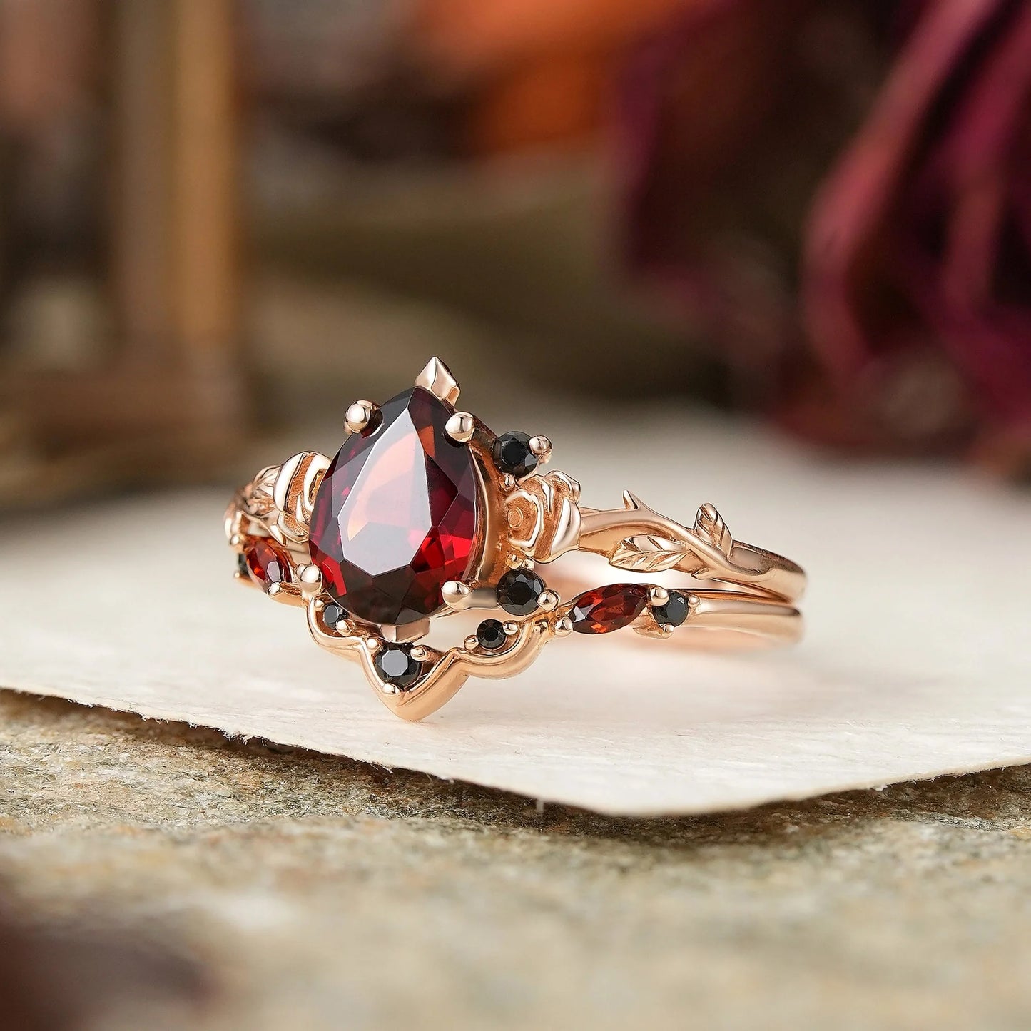 Gothic Pear Cut Garnet And Black Onyx Rose Inspired Bridal Ring Set - Flora