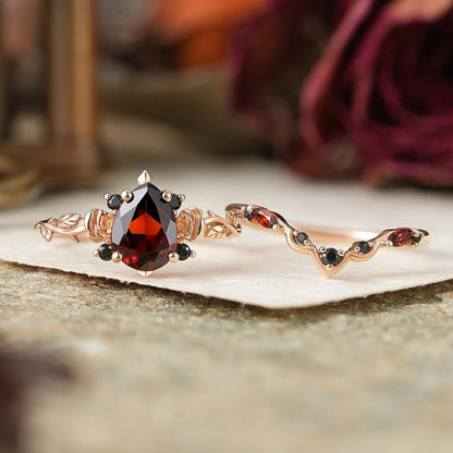 Gothic Pear Cut Garnet And Black Onyx Rose Inspired Bridal Ring Set - Flora