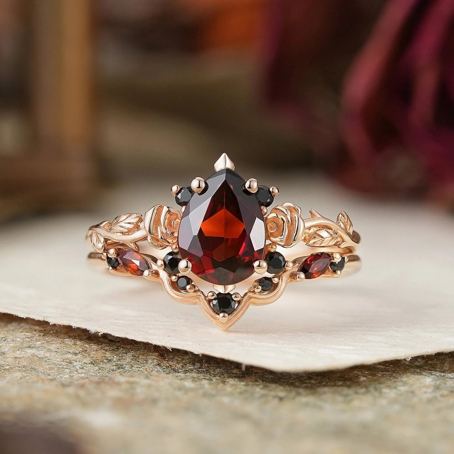 Gothic Pear Cut Garnet And Black Onyx Rose Inspired Bridal Ring Set - Flora