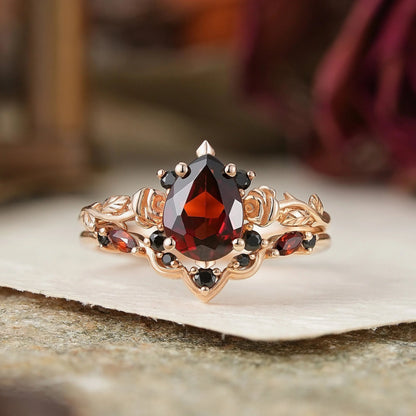 Gothic Pear Cut Garnet And Black Onyx Rose Inspired Bridal Ring Set - Flora