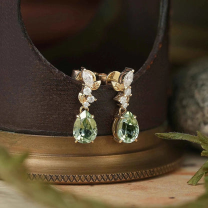 Green Sapphire and Marquise Moissanite Leaf Inspired Earrings