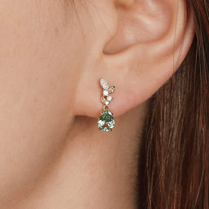 Green Sapphire and Marquise Moissanite Leaf Inspired Earrings
