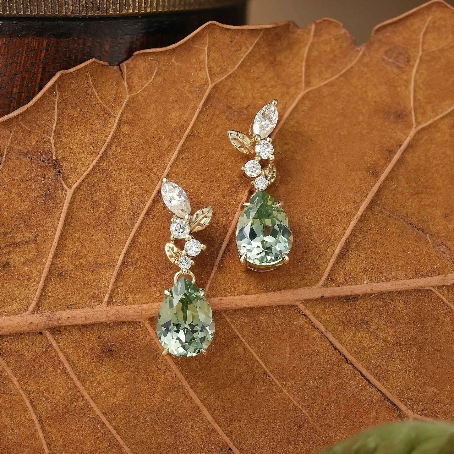 Green Sapphire and Marquise Moissanite Leaf Inspired Earrings