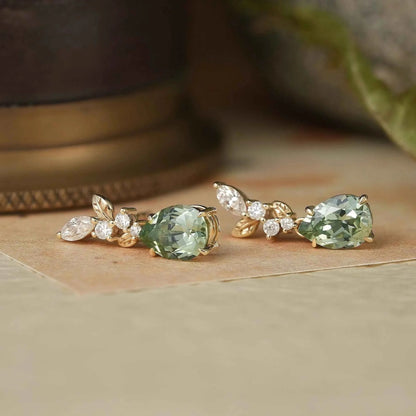 Green Sapphire and Marquise Moissanite Leaf Inspired Earrings