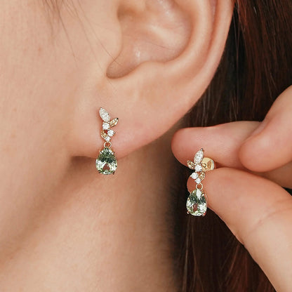 Green Sapphire and Marquise Moissanite Leaf Inspired Earrings