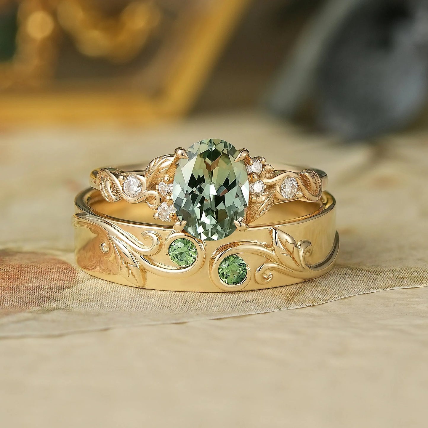 Green Sapphire Couple Ring Set-Tides of Us