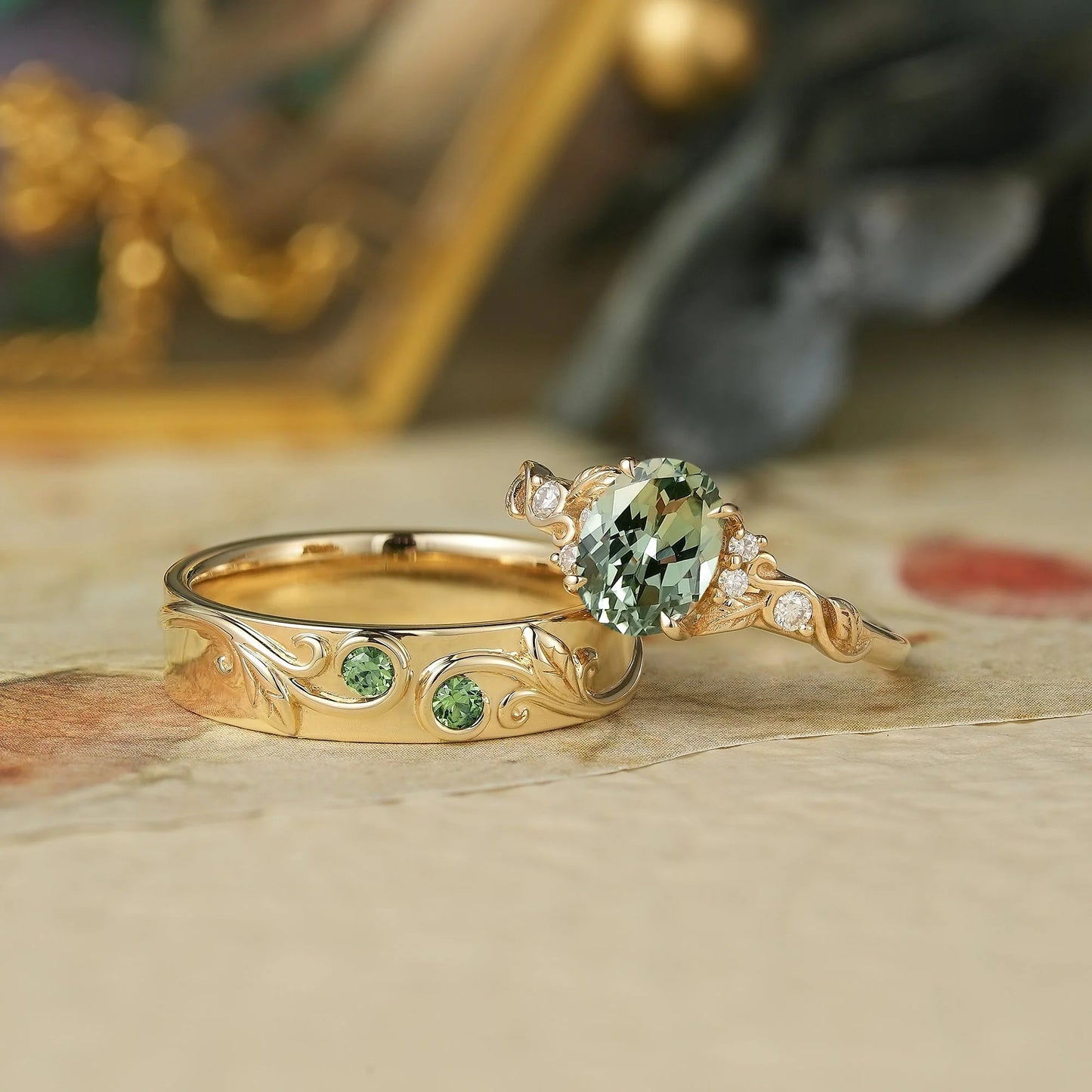 Green Sapphire Couple Ring Set-Tides of Us