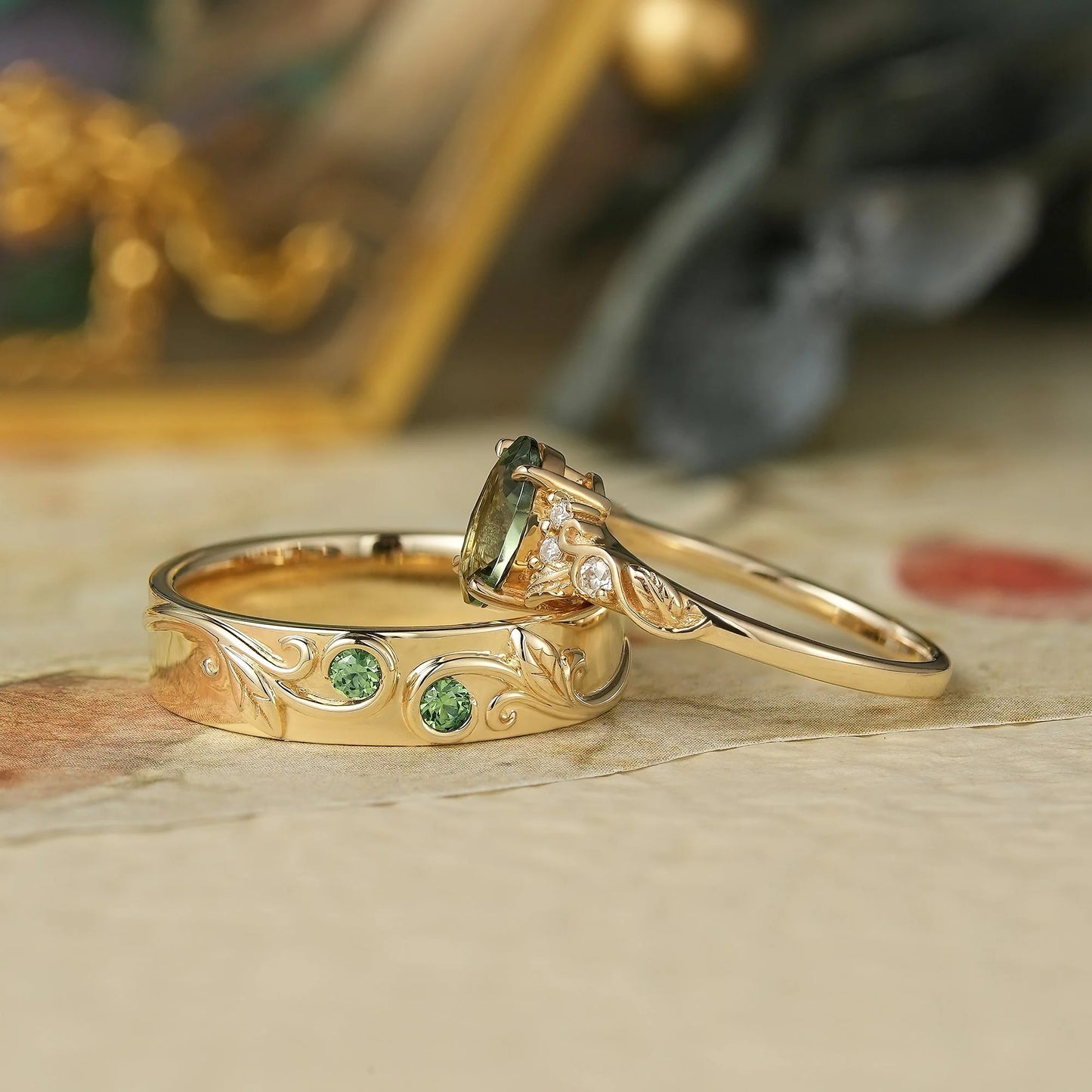 Green Sapphire Couple Ring Set-Tides of Us